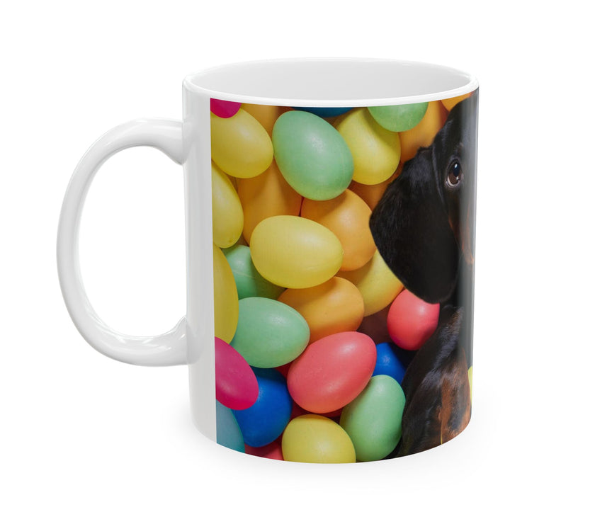 Springtime Paws: Dachshund Puppy in Easter Egg Meadow Ceramic Mug