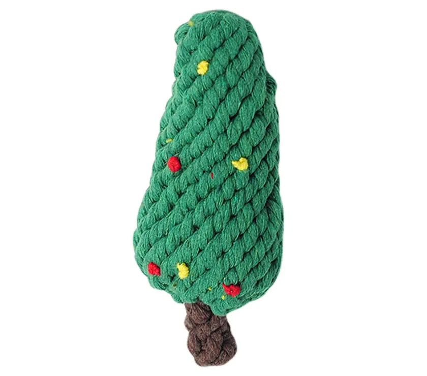 Green rope toy shaped like a Christmas tree with colorful accents on a white background