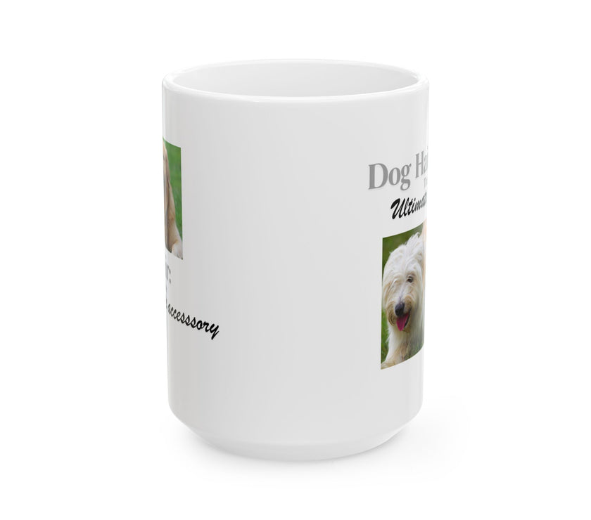 White ceramic mug featuring a photo of dogs lying on grass, with the humorous quote "Dog Hair: The Ultimate Accessory" printed below the image.