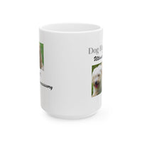 White ceramic mug featuring a photo of dogs lying on grass, with the humorous quote "Dog Hair: The Ultimate Accessory" printed below the image.