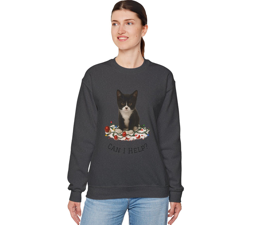 Person wearing a dark gray sweatshirt with a cat graphic and text on a white background