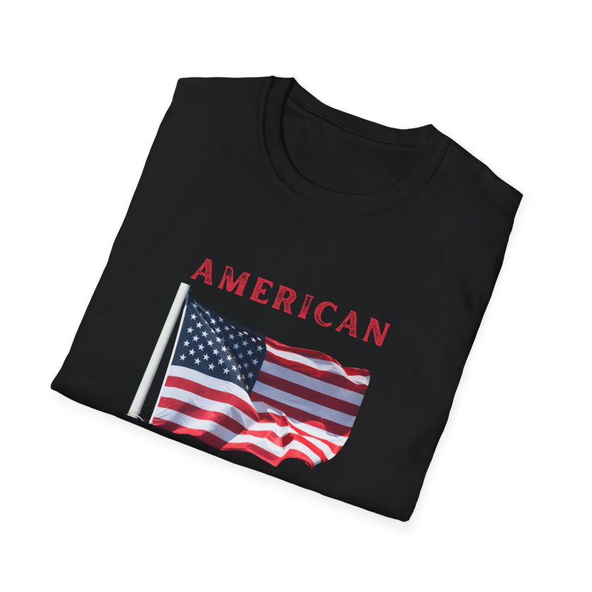 T-shirt featuring an American flag graphic with the words 'AMERICAN DREAM' in red and blue text above and below the flag