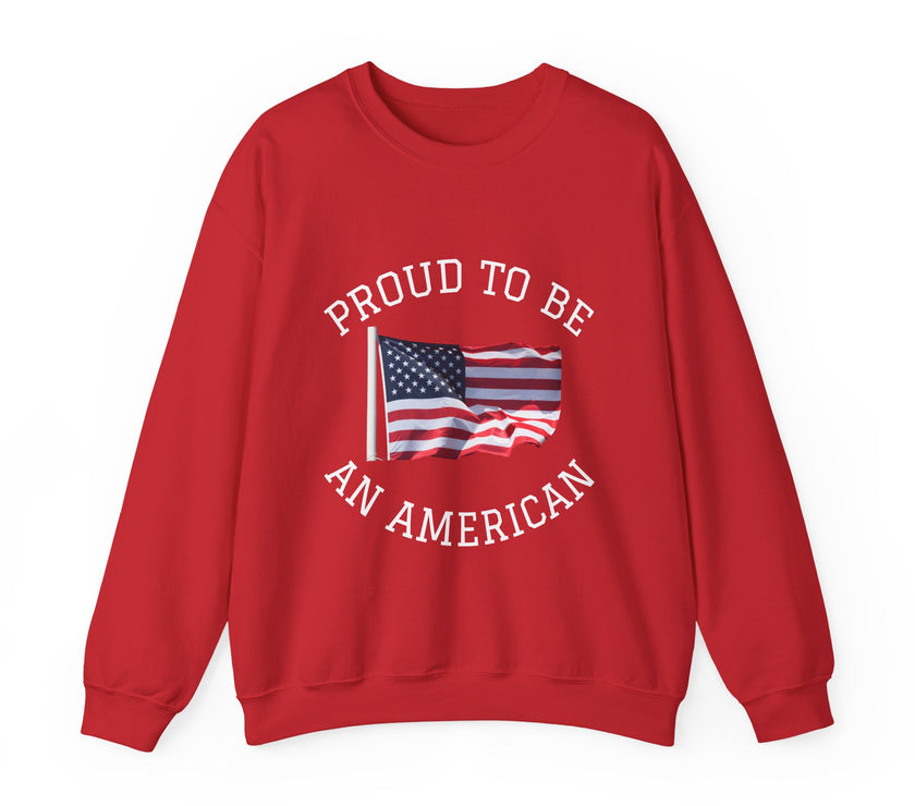 Red sweatshirt with 'Proud to be an American' text and American flag on a white background