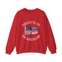 Red sweatshirt with 'Proud to be an American' text and American flag on a white background