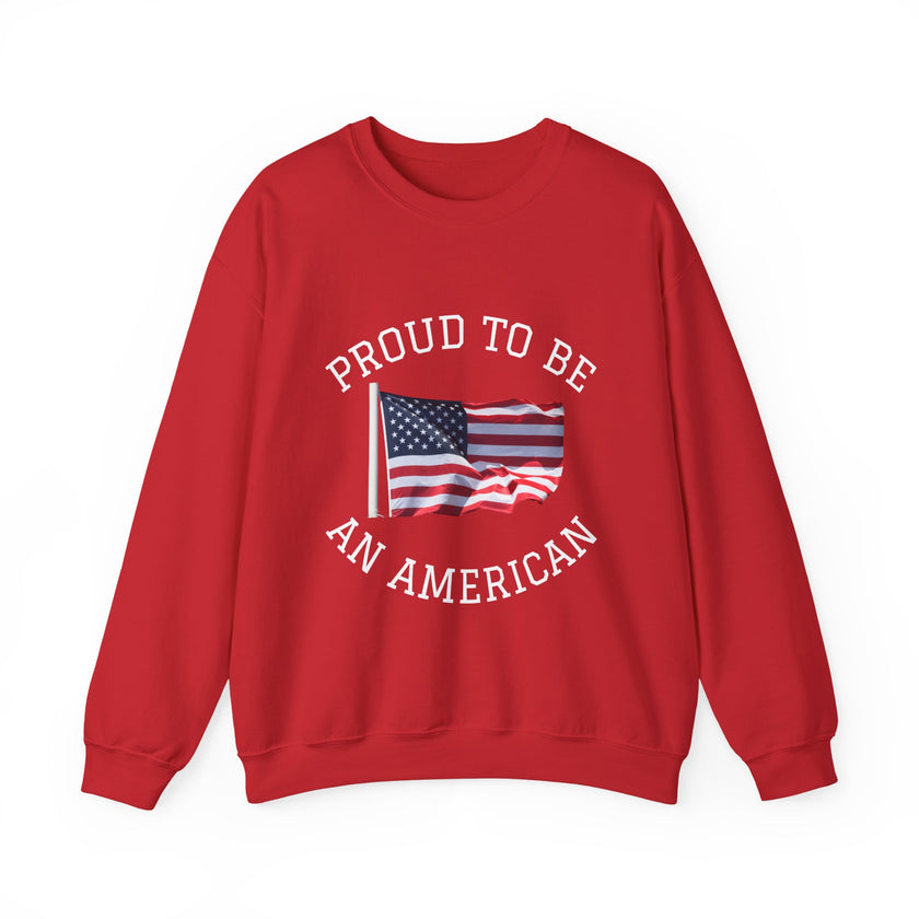 Red sweatshirt with 'Proud to be an American' text and American flag on a white background