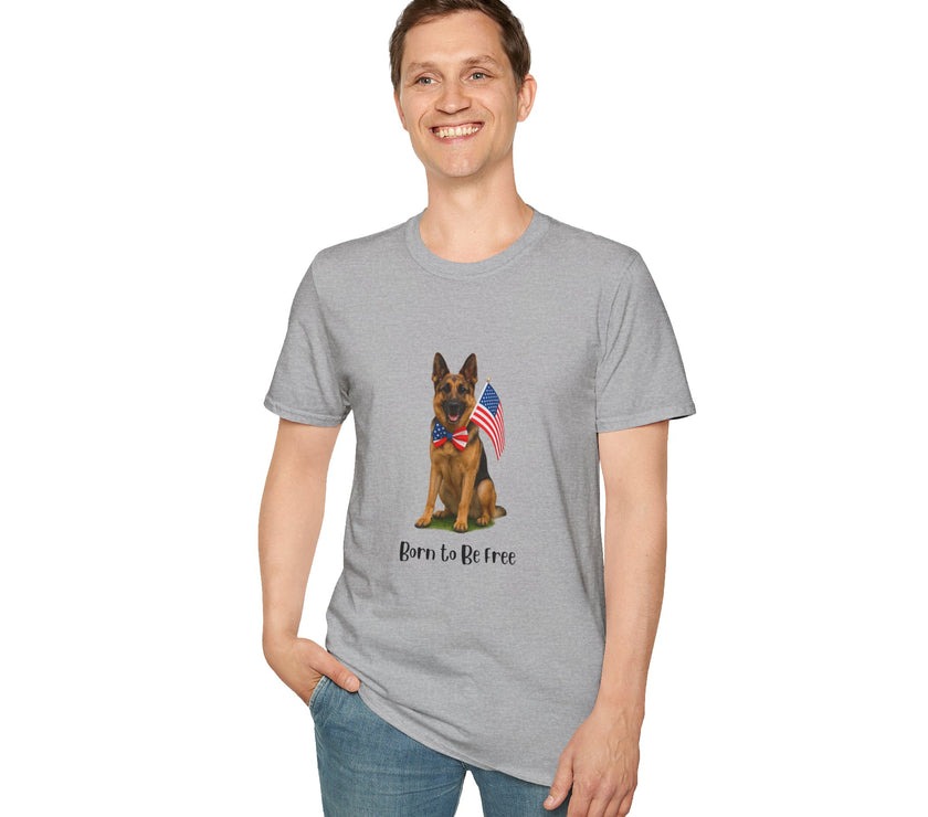 Sport Grey t-shirt featuring a patriotic German Shepherd wearing an American flag bowtie and holding U.S. flags, with the phrase "Born to Be Free" printed below — perfect for dog lovers and patriotic Americans.