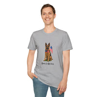 Sport Grey t-shirt featuring a patriotic German Shepherd wearing an American flag bowtie and holding U.S. flags, with the phrase "Born to Be Free" printed below — perfect for dog lovers and patriotic Americans.