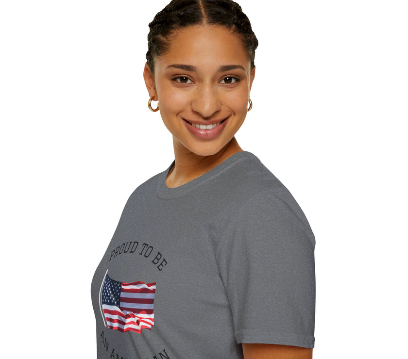 Smiling woman  wearing a white t-shirt with an American flag graphic and the words 'Proud to Be an American' printed around the flag