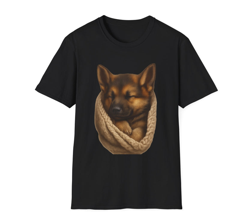Black t-shirt with a dog and knitted scarf design on a white background