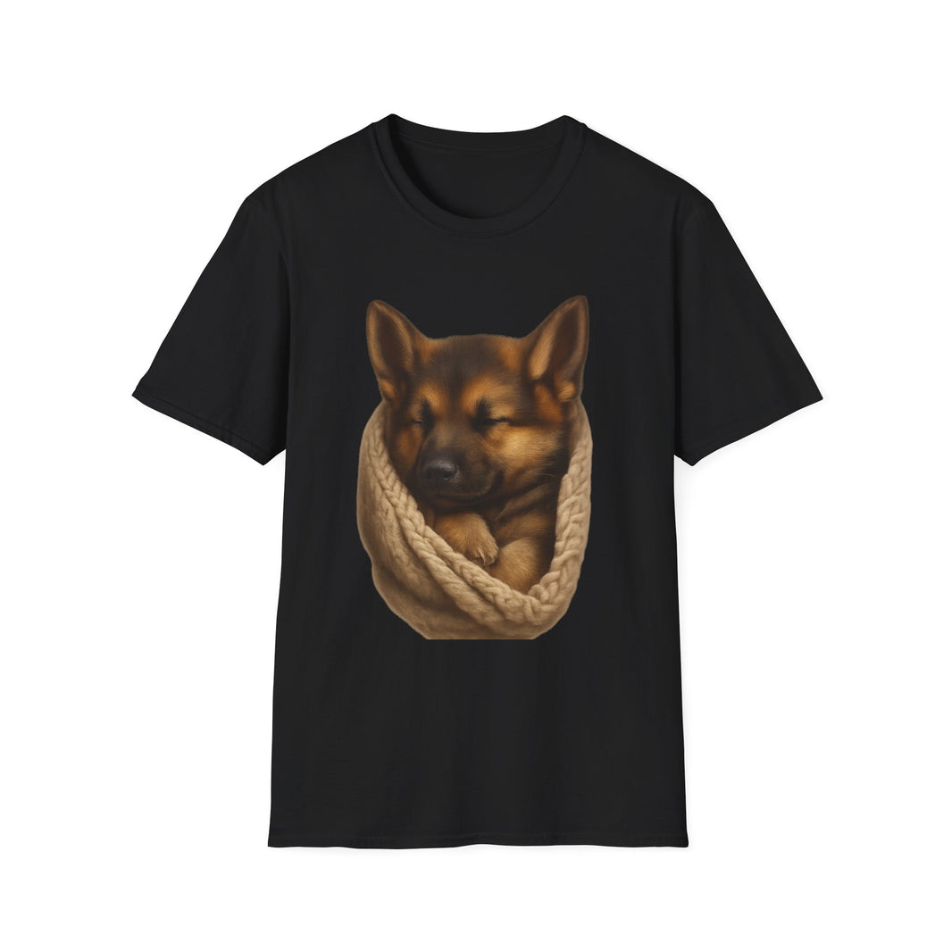 Black t-shirt with a dog and knitted scarf design on a white background