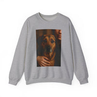 Gray sweatshirt with a printed image of a dog and person on a white background