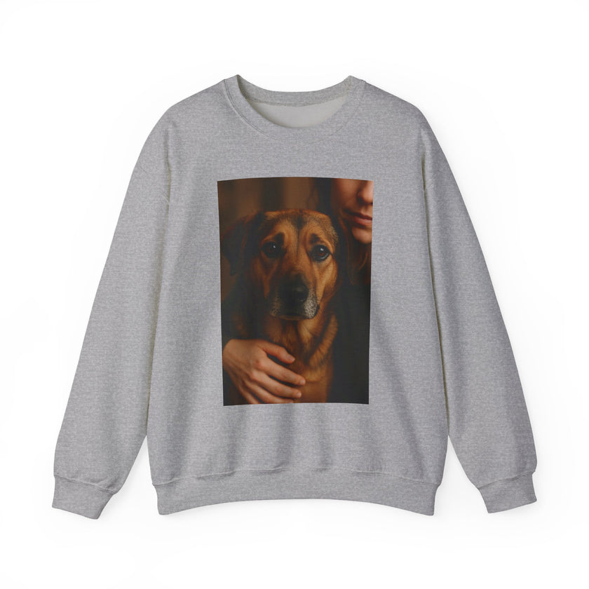 Gray sweatshirt with a printed image of a dog and person on a white background
