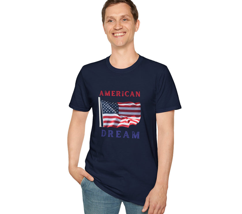 Male wearing T-shirt featuring an American flag graphic with the words 'AMERICAN DREAM' in red and blue text above and below the flag