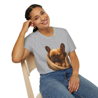 Person wearing a gray t-shirt with a dog graphic on a white background