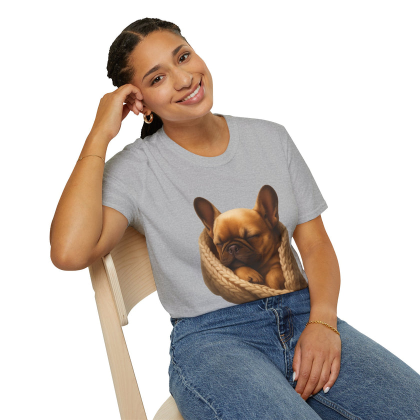 Person wearing a gray t-shirt with a dog graphic on a white background