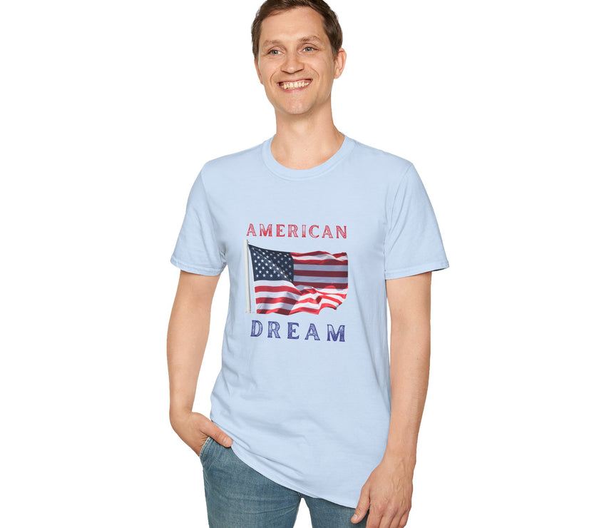 Male wearing T-shirt featuring an American flag graphic with the words 'AMERICAN DREAM' in red and blue text above and below the flag