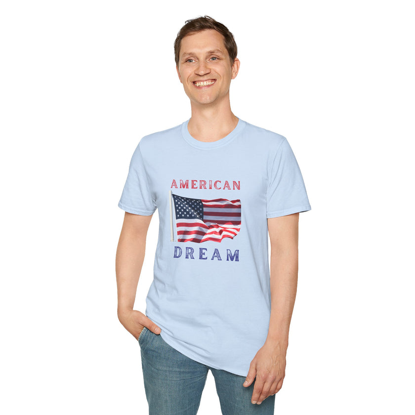 Male wearing T-shirt featuring an American flag graphic with the words 'AMERICAN DREAM' in red and blue text above and below the flag