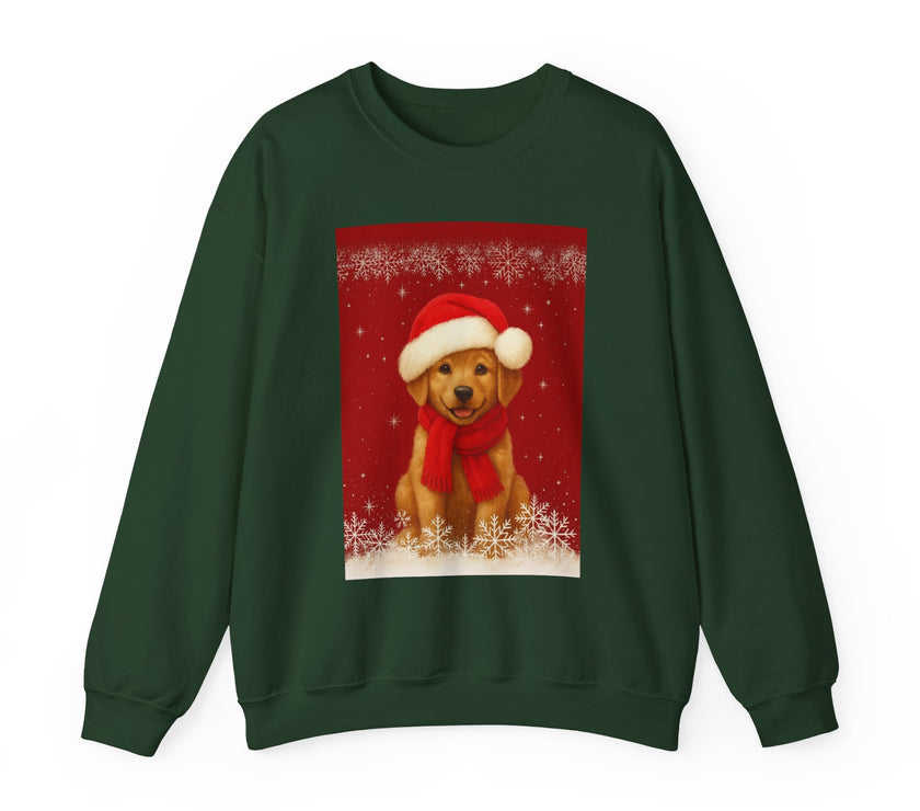 Green sweatshirt with a festive design of a dog wearing a Santa hat and scarf on a red background.