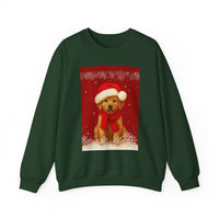 Green sweatshirt with a festive design of a dog wearing a Santa hat and scarf on a red background.