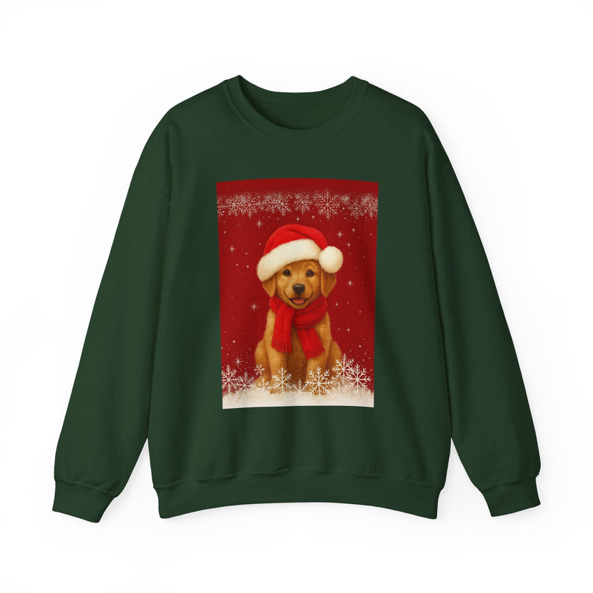 Green sweatshirt with a festive design of a dog wearing a Santa hat and scarf on a red background.