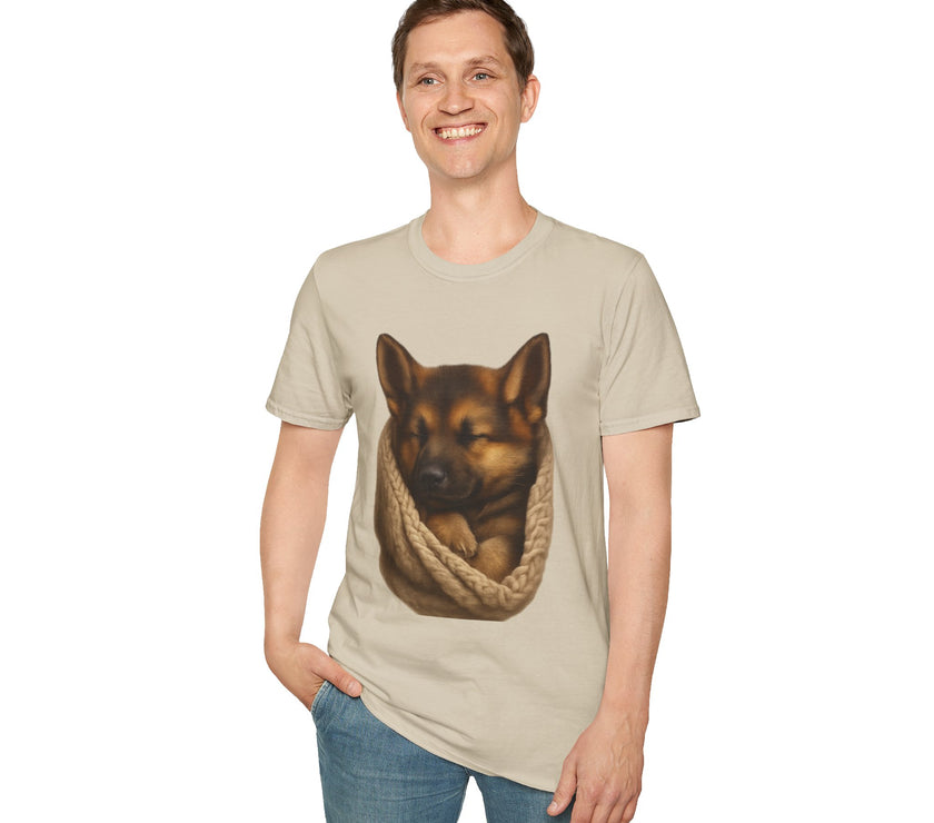 Man wearing a beige t-shirt with a dog graphic on a white background
