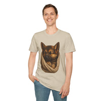 Man wearing a beige t-shirt with a dog graphic on a white background