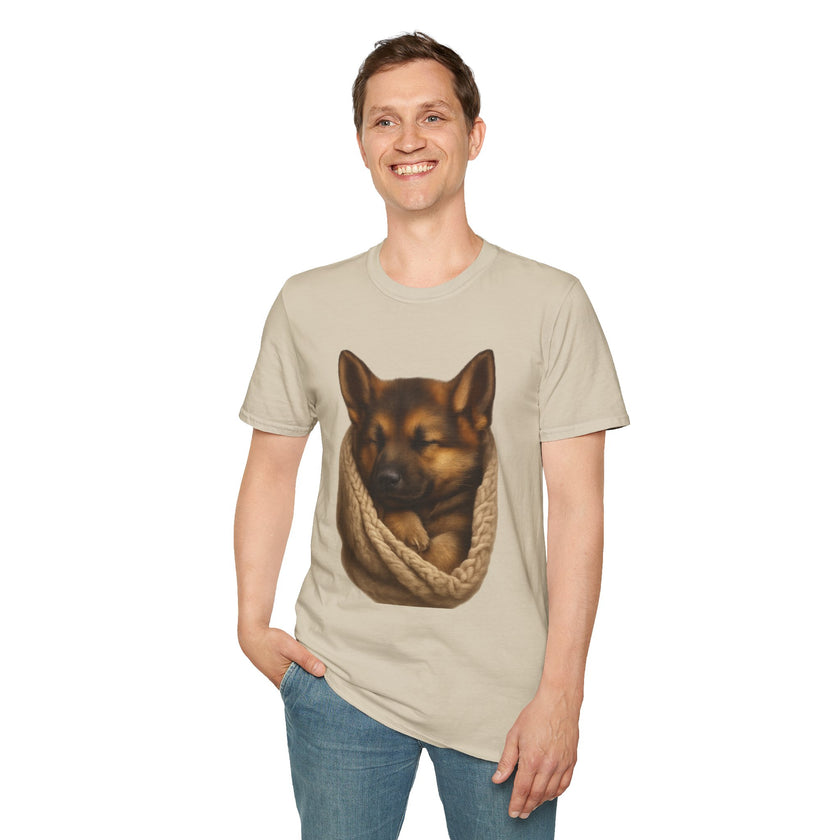 Man wearing a beige t-shirt with a dog graphic on a white background