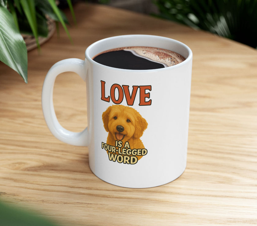White mug with a dog illustration and text on a wooden table