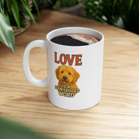 White mug with a dog illustration and text on a wooden table