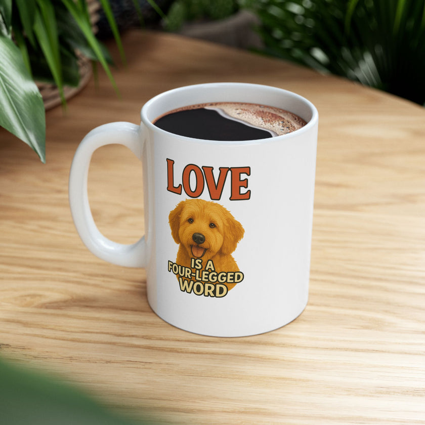 White mug with a dog illustration and text on a wooden table