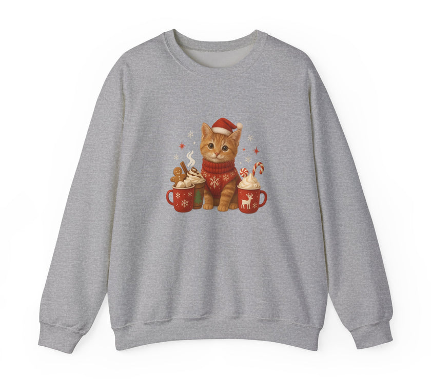 Gray sweatshirt with a Christmas-themed design of a cat and mugs on a white background