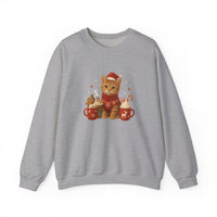 Gray sweatshirt with a Christmas-themed design of a cat and mugs on a white background