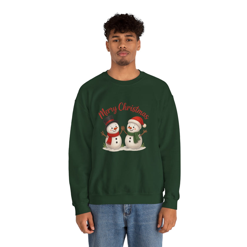 Person wearing a green Christmas-themed sweatshirt with snowmen and 'Merry Christmas' text.