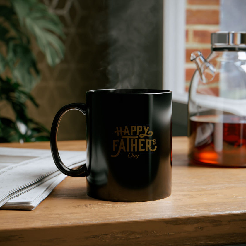 Black ceramic mug with gold Happy Father’s Day script, perfect gift for dads who enjoy stylish and meaningful coffee mugs