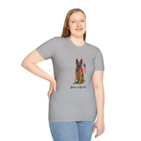 Sport Grey t-shirt featuring a patriotic German Shepherd wearing an American flag bowtie and holding U.S. flags, with the phrase "Born to Be Free" printed below — perfect for dog lovers and patriotic Americans.