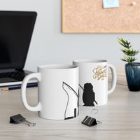 White ceramic mug featuring a silhouette of a child holding a fishing rod next to an adult figure, with the words "Happy Father's Day" in gold script above—an ideal gift for dads who love fishing and family time.