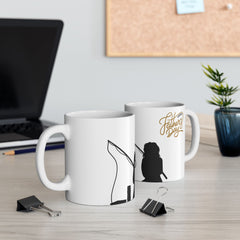 White ceramic mug featuring a silhouette of a child holding a fishing rod next to an adult figure, with the words "Happy Father's Day" in gold script above—an ideal gift for dads who love fishing and family time.