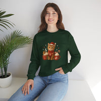 Woman wearing a green sweatshirt with a cat design sitting on a white surface.