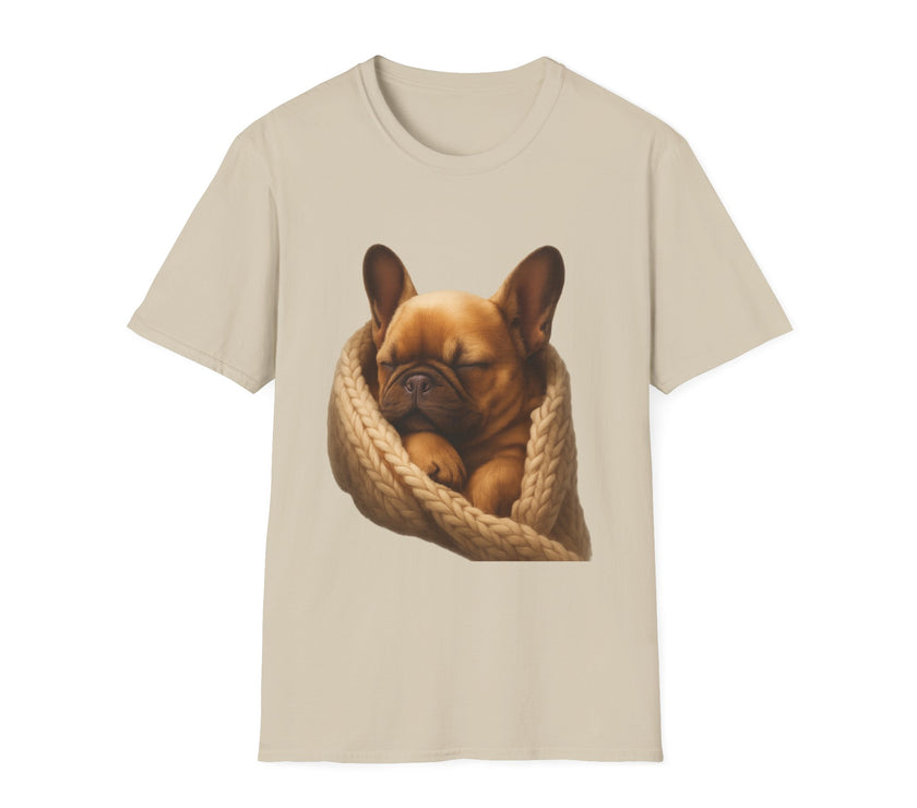 Beige t-shirt with a printed design of a dog in a knitted blanket on a white background