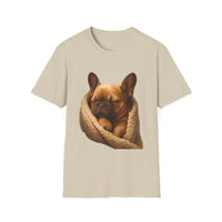 Beige t-shirt with a printed design of a dog in a knitted blanket on a white background