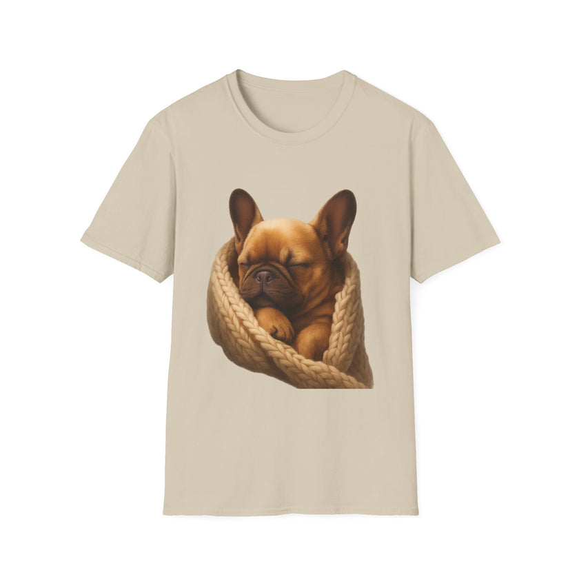 Beige t-shirt with a printed design of a dog in a knitted blanket on a white background