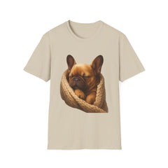 Beige t-shirt with a printed design of a dog in a knitted blanket on a white background