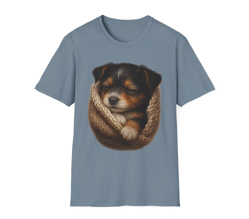 Blue t-shirt with a graphic of a puppy in a knitted blanket on a white background