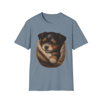 Blue t-shirt with a graphic of a puppy in a knitted blanket on a white background