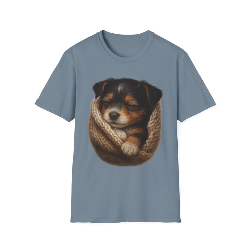 Blue t-shirt with a graphic of a puppy in a knitted blanket on a white background