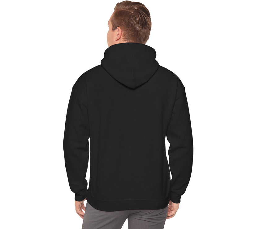Person wearing a black hoodie from behind on a white background