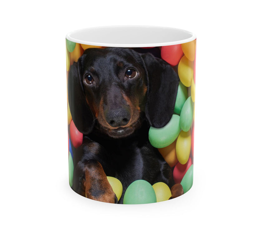 Springtime Paws: Dachshund Puppy in Easter Egg Meadow Ceramic Mug
 
