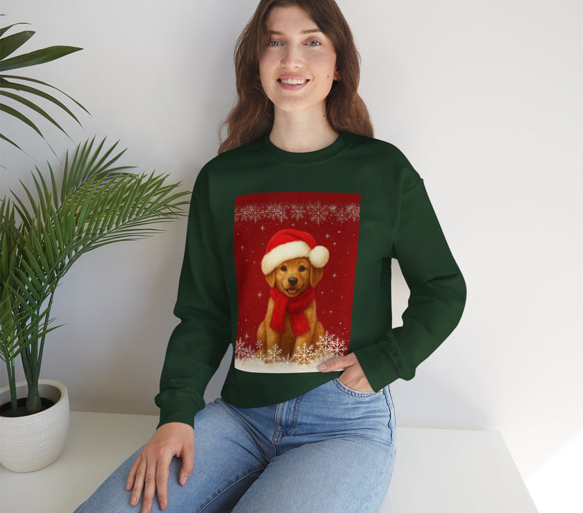 Person wearing a green sweatshirt with a Christmas-themed dog design, sitting in a room with a plant.