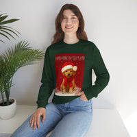 Person wearing a green sweatshirt with a Christmas-themed dog design, sitting in a room with a plant.
