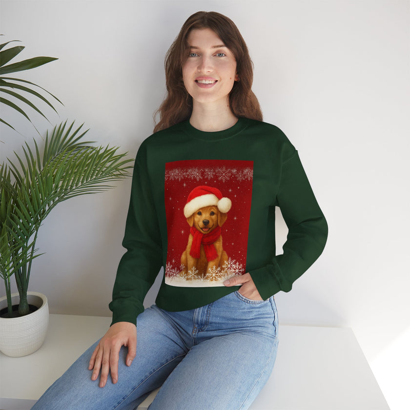 Person wearing a green sweatshirt with a Christmas-themed dog design, sitting in a room with a plant.